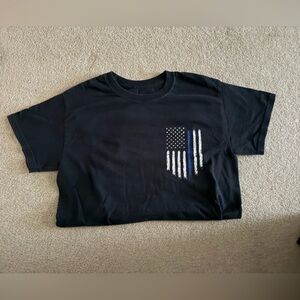 Black T-Shirt with Blue and White Flag Design
